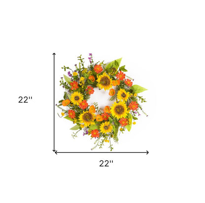 22" Green And Yellow Summer Sunflower Artificial Wreath