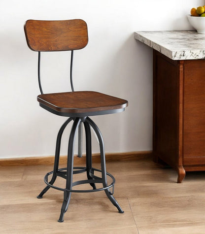 Brown and Black Solid Wood and Steel Adjustable Height Swivel Bar Chair