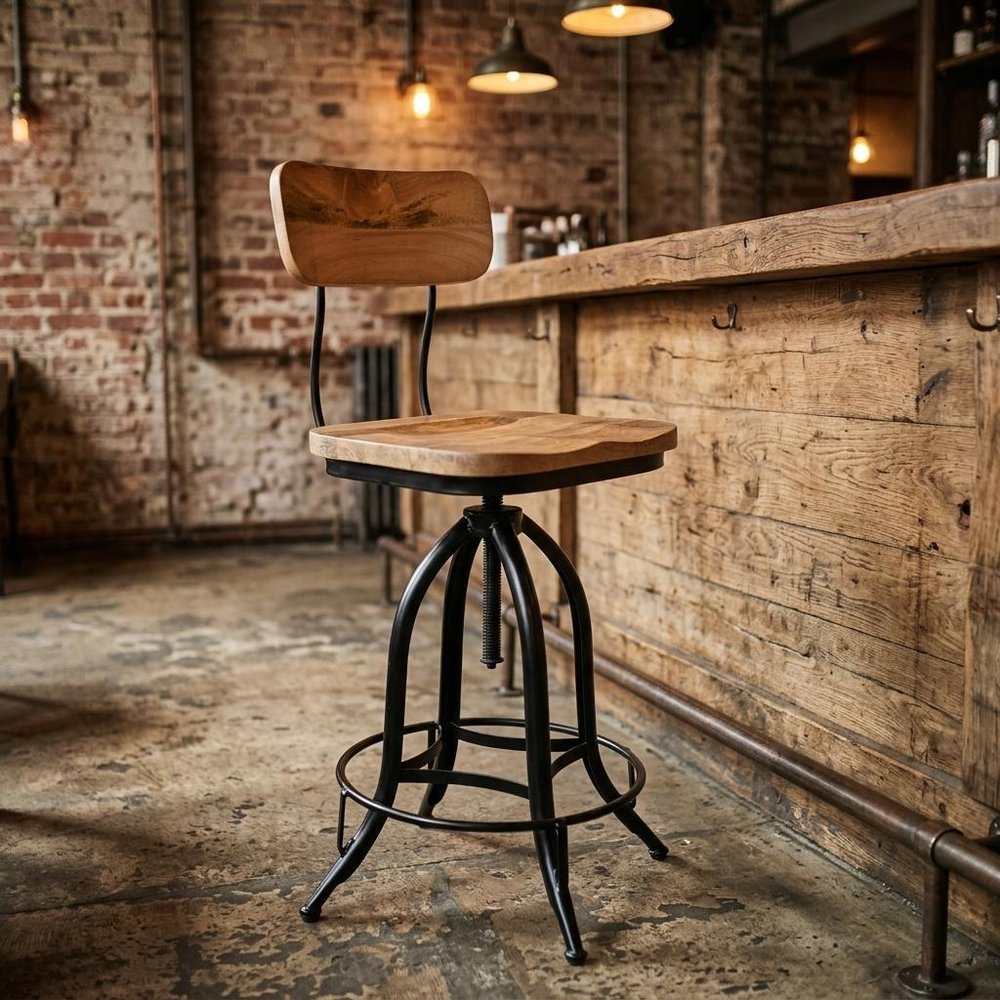 Brown And Black Solid Wood And Steel Counter Height Swivel Bar Chair