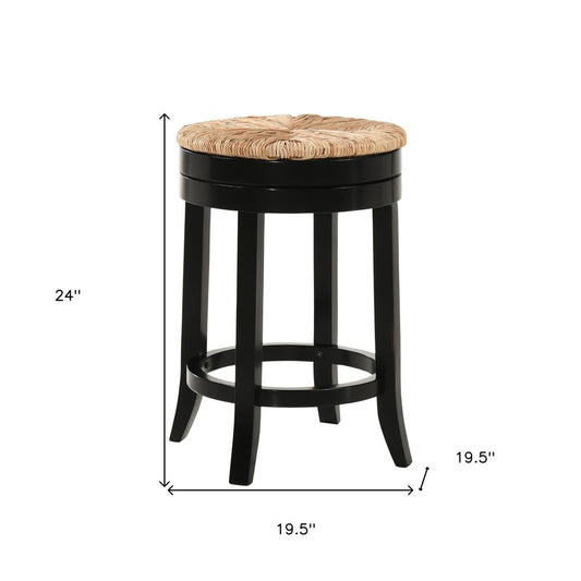 24" Natural And Black Rush And Solid Wood Backless Counter Height Swivel Bar Chair
