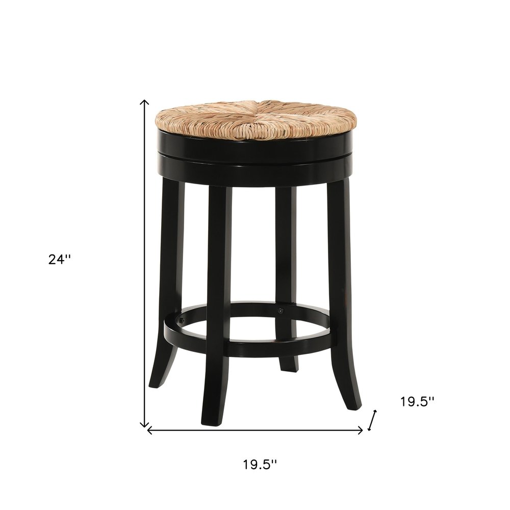 24" Natural And Black Rush And Solid Wood Backless Counter Height Swivel Bar Chair