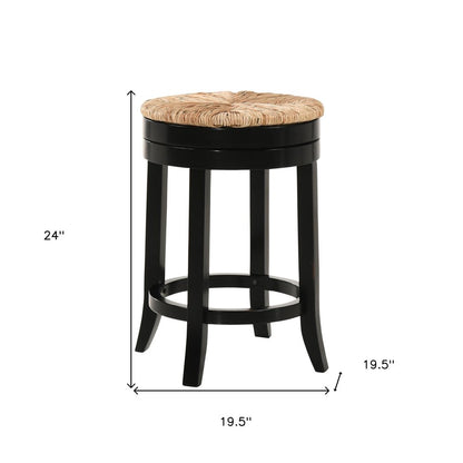 24" Natural And Black Rush And Solid Wood Backless Counter Height Swivel Bar Chair