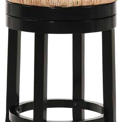 24" Natural And Black Rush And Solid Wood Backless Counter Height Swivel Bar Chair