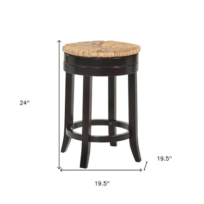 24" Natural And Espresso Rush And Solid Wood Backless Counter Height Swivel Bar Chair