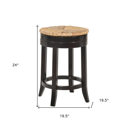 24" Natural And Espresso Rush And Solid Wood Backless Counter Height Swivel Bar Chair
