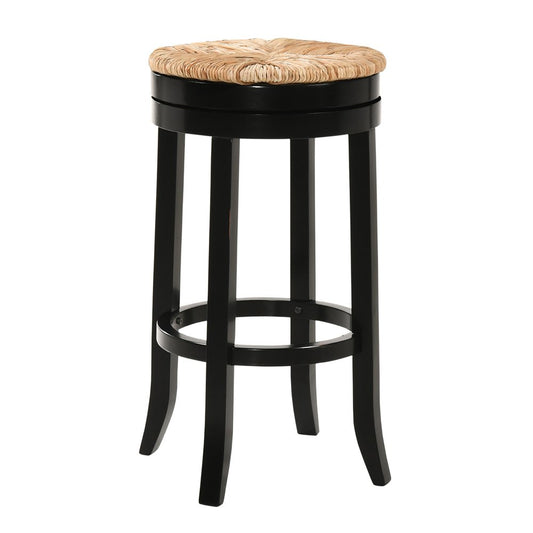 30" Natural And Black Rush And Solid Wood Backless Bar Height Swivel Bar Chair
