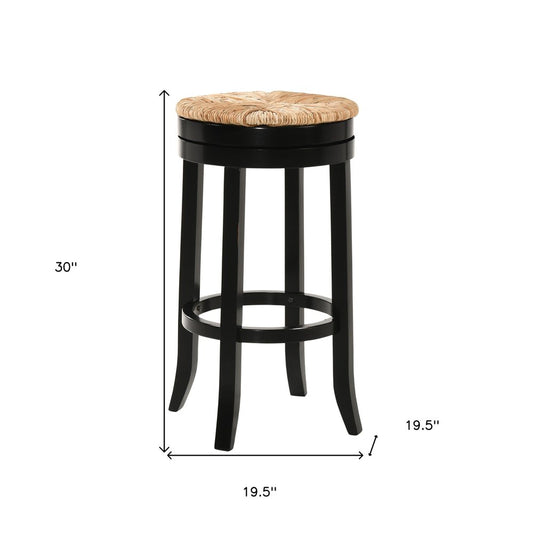 30" Natural And Black Rush And Solid Wood Backless Bar Height Swivel Bar Chair