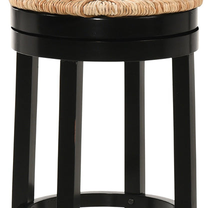 30" Natural And Black Rush And Solid Wood Backless Bar Height Swivel Bar Chair