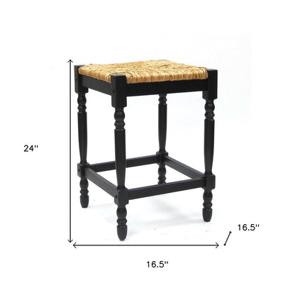 24" Natural And Black Rush And Solid Wood Backless Counter Height Bar Chair