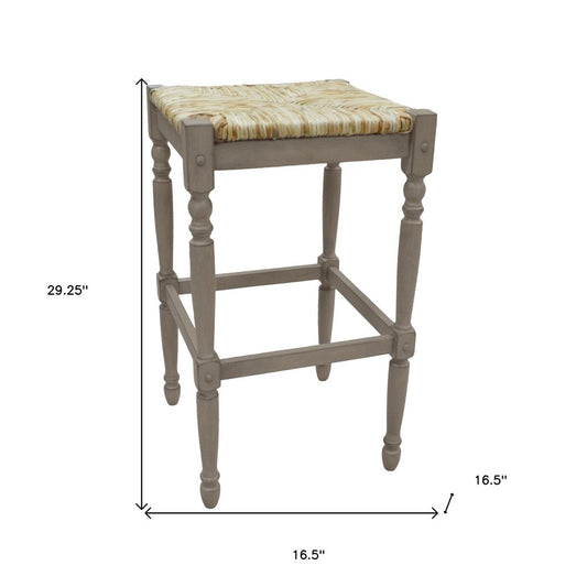 29" Natural And Gray Rush And Solid Wood Backless Bar Height Bar Chair