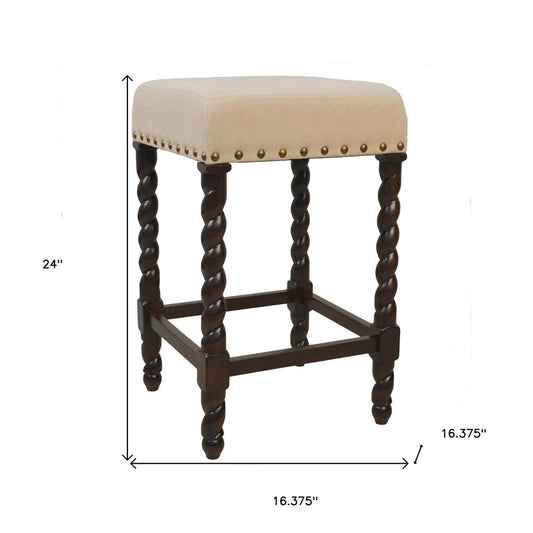 24" Cream And Espresso Fabric And Solid Wood Backless Counter Height Bar Chair