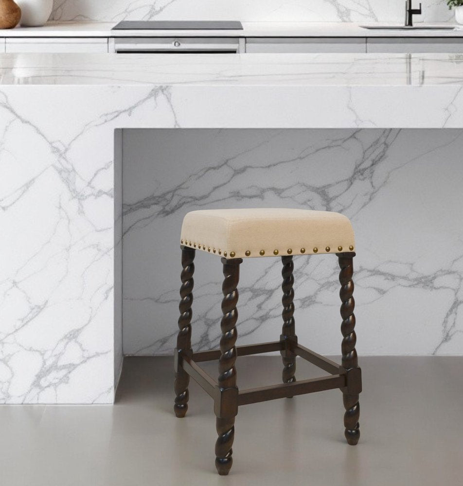 24" Cream And Espresso Solid Wood Backless Counter Height Bar Chair