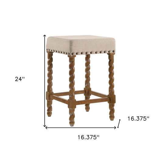 24" Cream And Natural Faux Leather And Fabric And Solid Wood Backless Counter Height Bar Chair