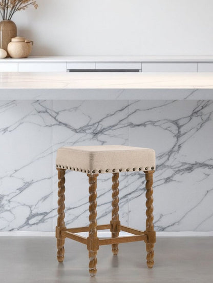 24" Cream And Natural Faux Leather And Solid Wood Backless Counter Height Bar Chair