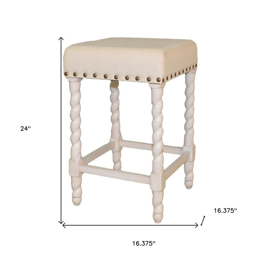24" Cream And White Fabric And Solid Wood Backless Counter Height Bar Chair