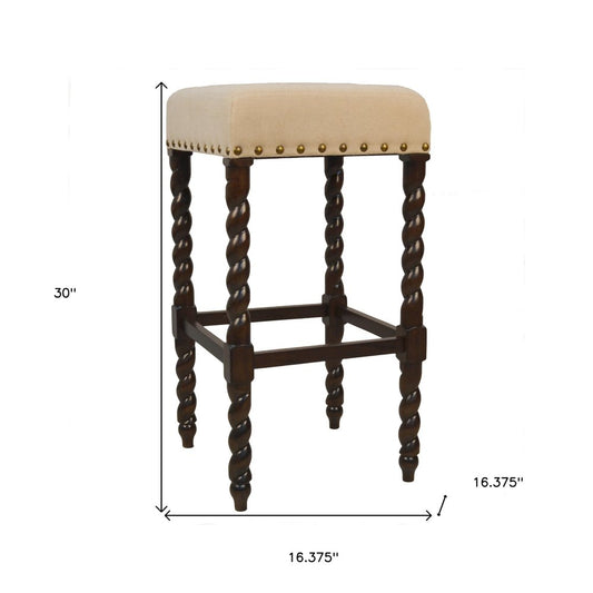 30" Cream And Espresso Fabric And Solid Wood Backless Bar Height Bar Chair