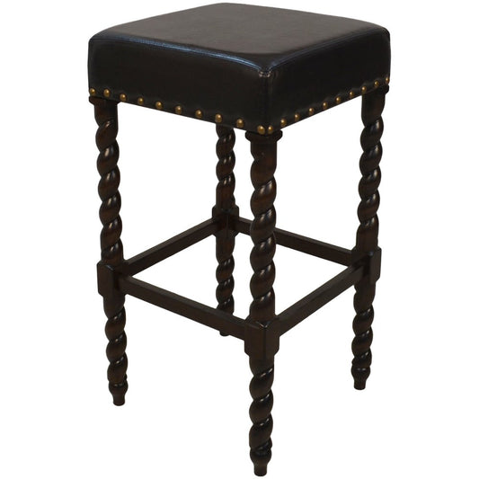 30" Black And Espresso Faux Leather And Fabric And Solid Wood Backless Bar Height Bar Chair