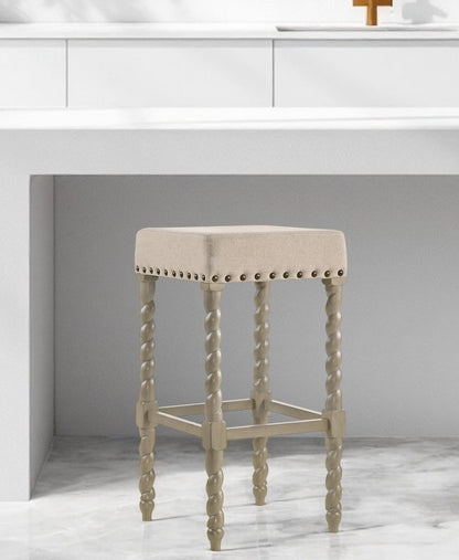 30" Cream And Gray Solid Wood Backless Bar Height Bar Chair