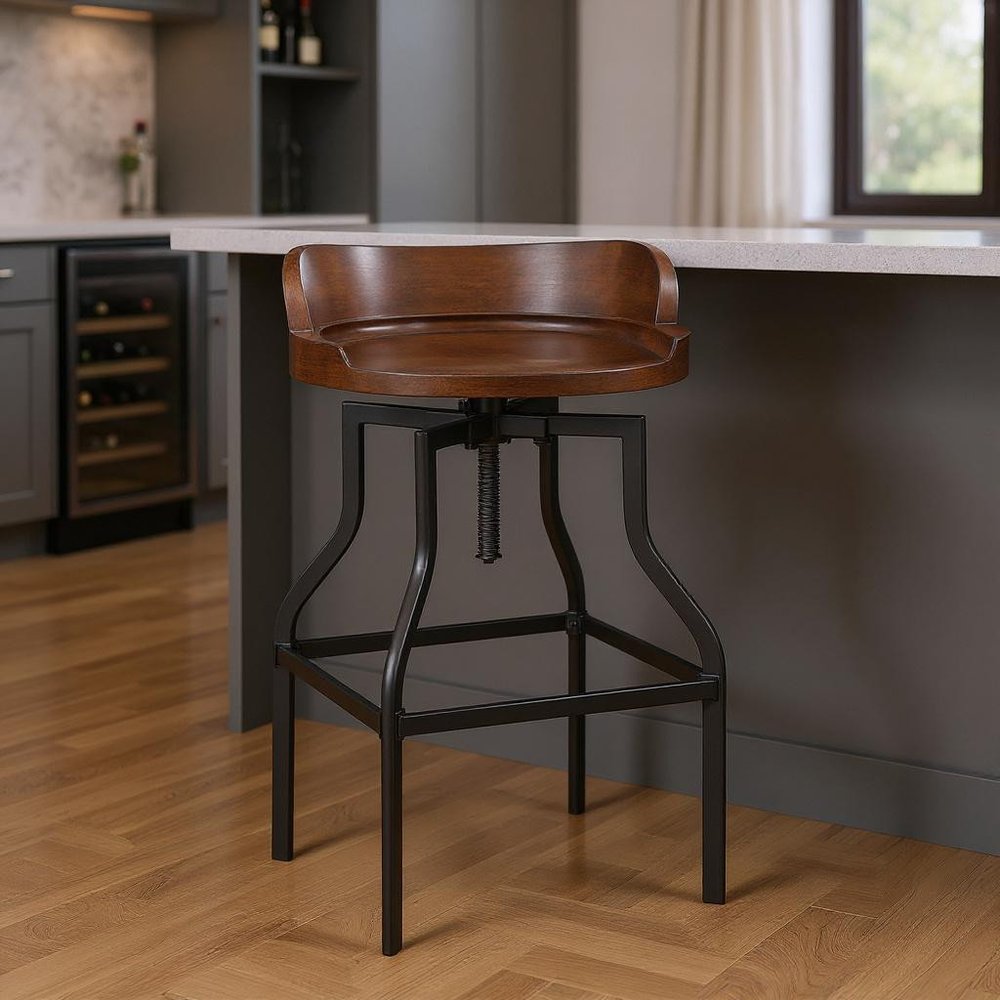 26" Chestnut And Black Steel Swivel Backless Adjustable Height Bar Chair