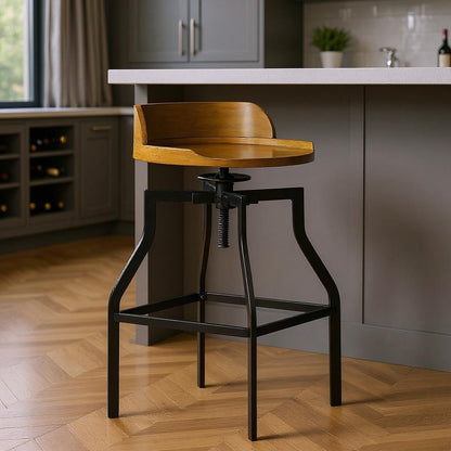 26" Chestnut And Black Steel Swivel Backless Adjustable Height Bar Chair