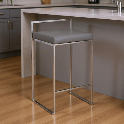 31" Gray And Silver Faux Leather And Solid Wood Backless Bar Height Bar Chair