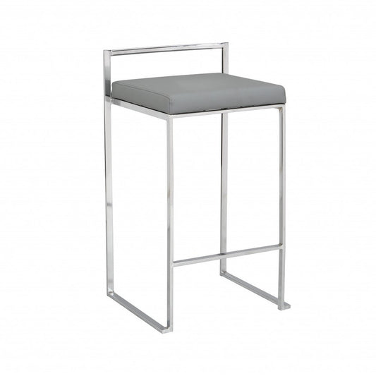 35" Gray And Silver Faux Leather And Faux Leather And Steel Low Back Bar Height Bar Chair