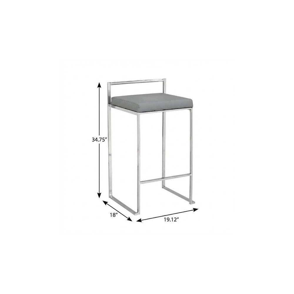 35" Gray And Silver Faux Leather And Steel Low Back Bar Height Bar Chair