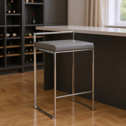 35" Gray And Silver Faux Leather And Steel Low Back Bar Height Bar Chair