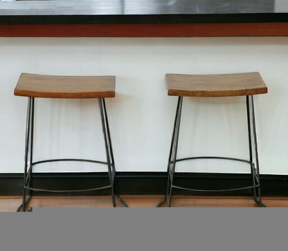 Set of Two 25" Chestnut and Black Solid Wood and Steel Backless Counter Height Bar Chairs