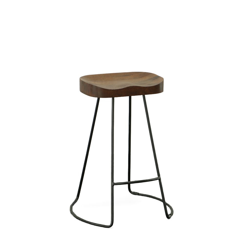 Set of Two 25" Chestnut and Black Solid Wood and Steel Backless Counter Height Bar Chairs