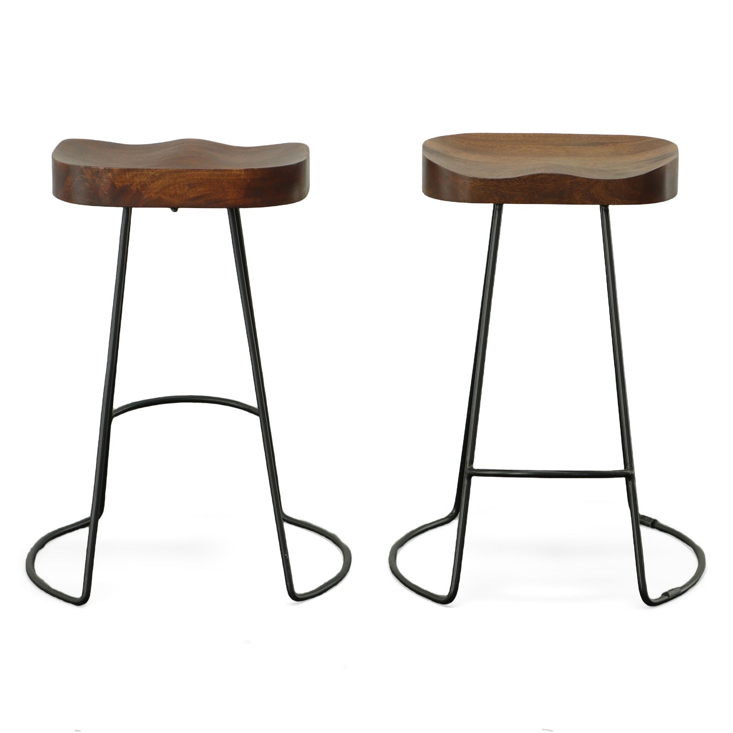 Set of Two 25" Chestnut and Black Solid Wood and Steel Backless Counter Height Bar Chairs