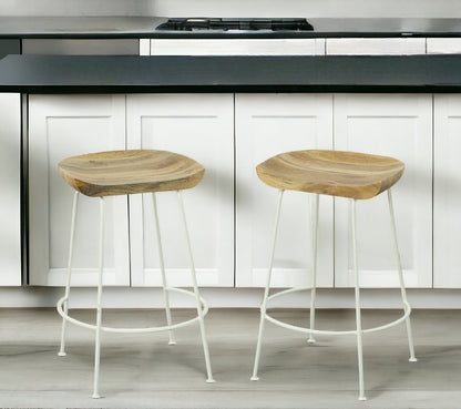 Set of Two 25" Natural and White Solid Wood and Steel Backless Counter Height Bar Chairs