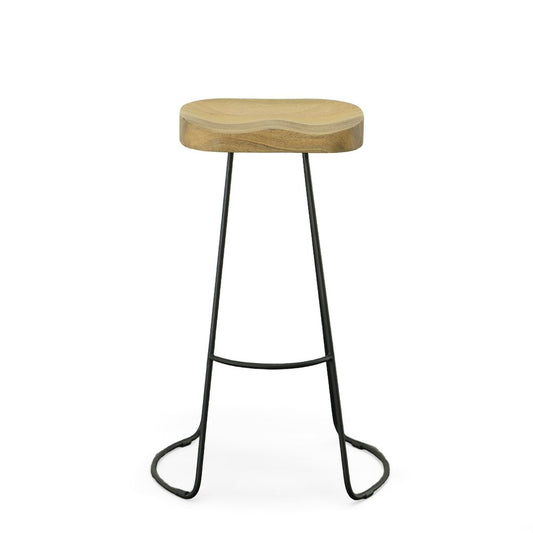 Set of Two 31" Natural and Black Solid Wood and Steel Backless Bar Height Bar Chairs