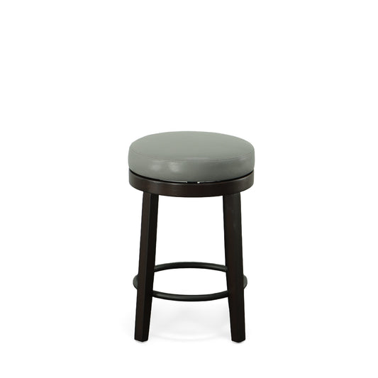 Set of Two 24" Gray and Espresso Faux Leather and Solid Wood Backless Counter Height Swivel Bar Chairs
