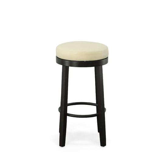 Set of Two 30" Cream and Espresso Faux Leather and Solid Wood Backless Bar Height Swivel Bar Chairs