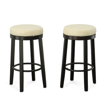 Set of Two 30" Cream and Espresso Faux Leather and Solid Wood Backless Bar Height Swivel Bar Chairs