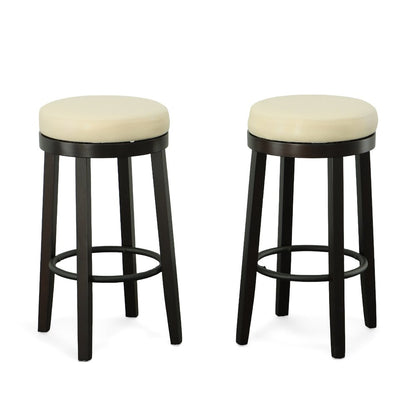 Set of Two 30" Cream and Espresso Faux Leather and Solid Wood Backless Bar Height Swivel Bar Chairs