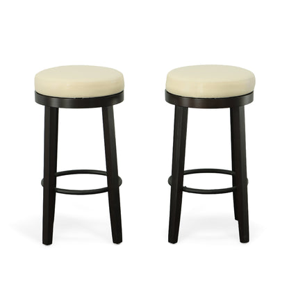 Set of Two 30" Cream and Espresso Faux Leather and Solid Wood Backless Bar Height Swivel Bar Chairs