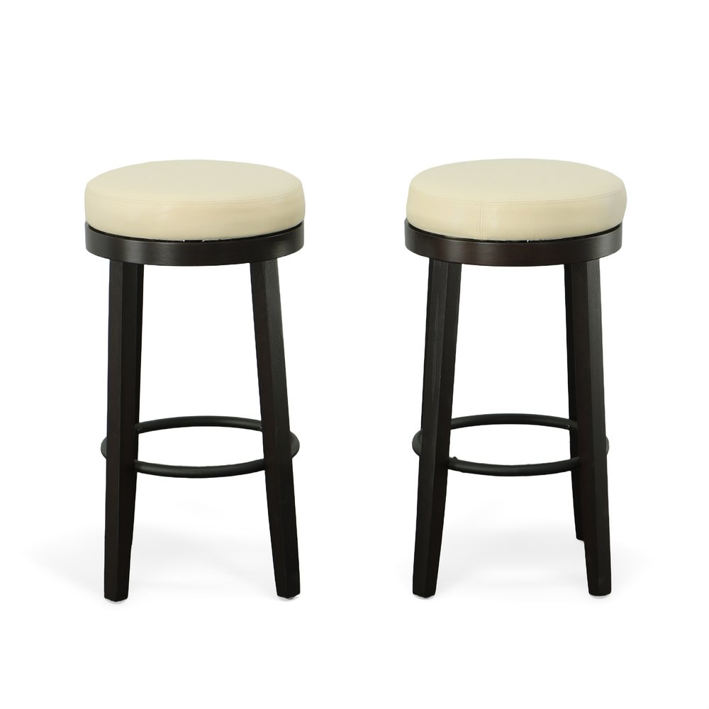 Set of Two 30" Cream and Espresso Faux Leather and Solid Wood Backless Bar Height Swivel Bar Chairs