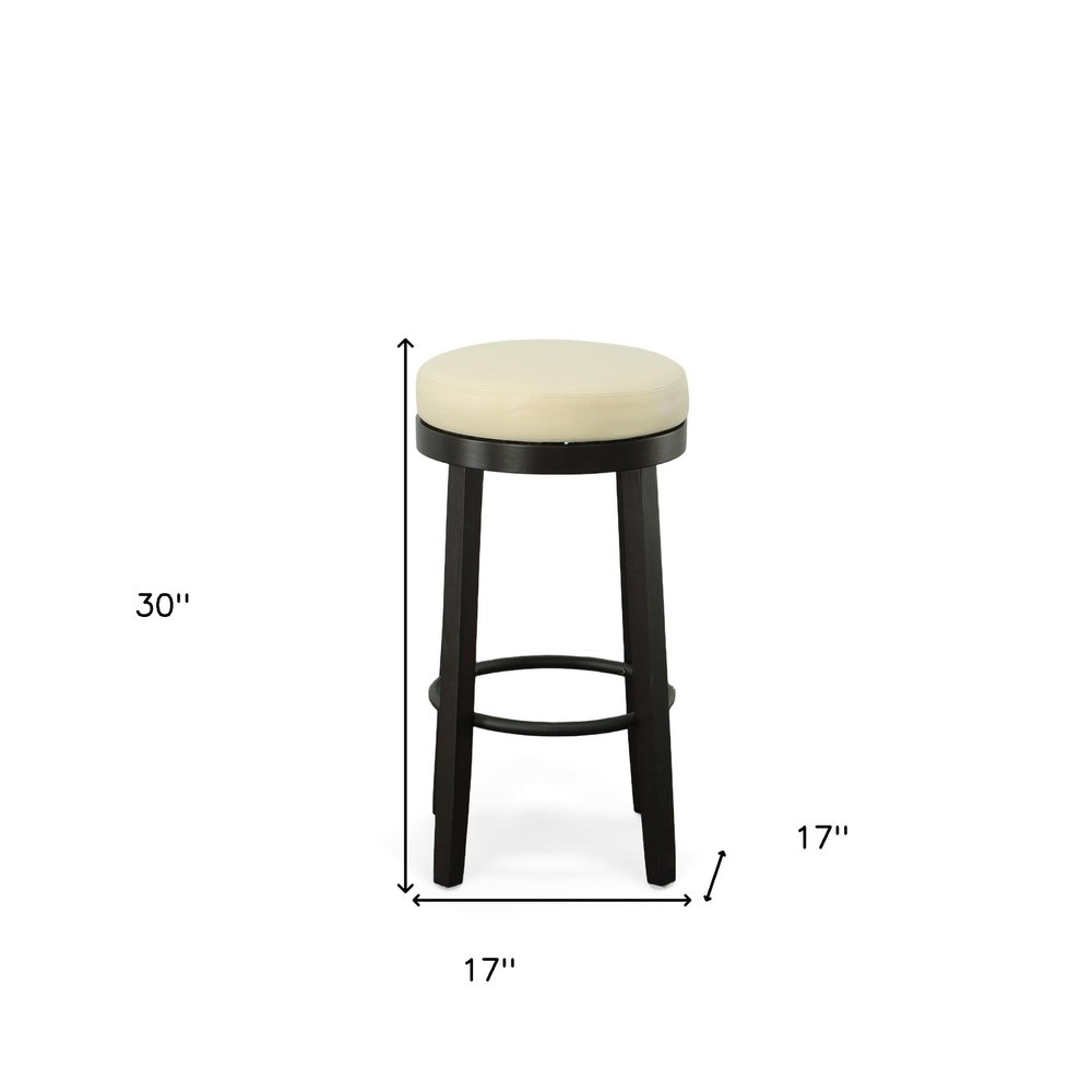 Set of Two 30" Cream And Espresso Faux Leather And Faux Leather And Solid Wood Backless Bar Height Swivel Bar Chairs