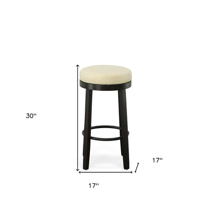 Set of Two 30" Cream and Espresso Faux Leather and Solid Wood Backless Bar Height Swivel Bar Chairs