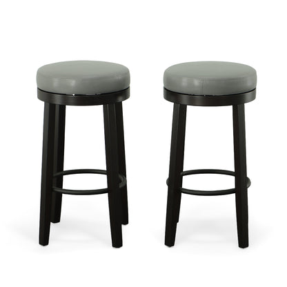 Set of Two 30" Gray and Espresso Faux Leather and Solid Wood Backless Bar Height Swivel Bar Chairs