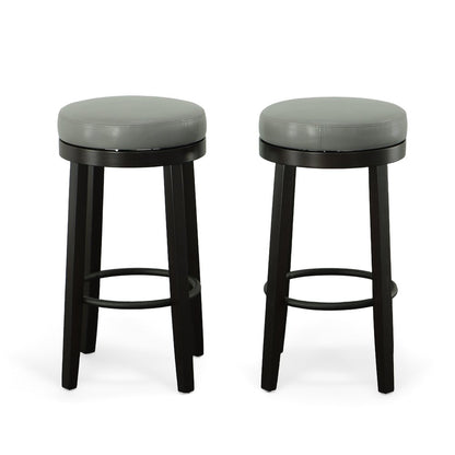 Set of Two 30" Gray and Espresso Faux Leather and Solid Wood Backless Bar Height Swivel Bar Chairs