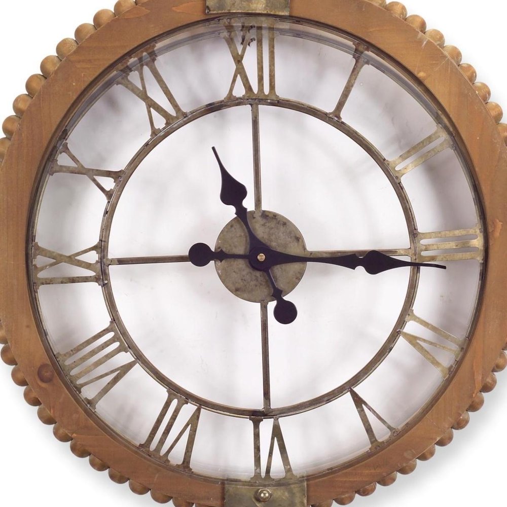 22"  Natural Solid Wood and Metal Analog Round Wall Clock