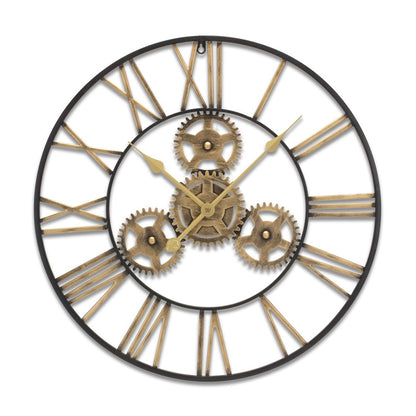 24" Black And Gold Metal Analog Exposed Gear Round Wall Clock