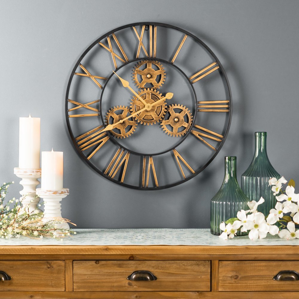 24" Black And Gold Metal Analog Exposed Gear Round Wall Clock