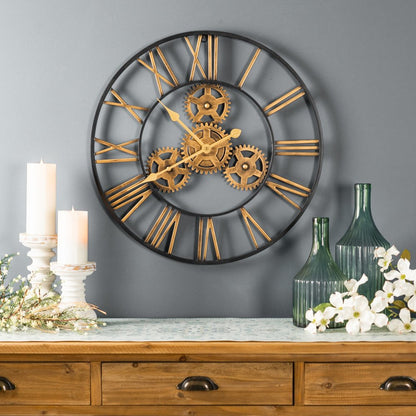 24" Black And Gold Metal Analog Exposed Gear Round Wall Clock