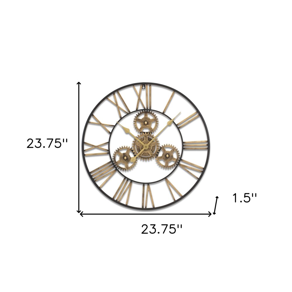 24" Black And Gold Metal Analog Exposed Gear Round Wall Clock