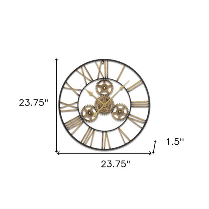 24" Black And Gold Metal Analog Exposed Gear Round Wall Clock