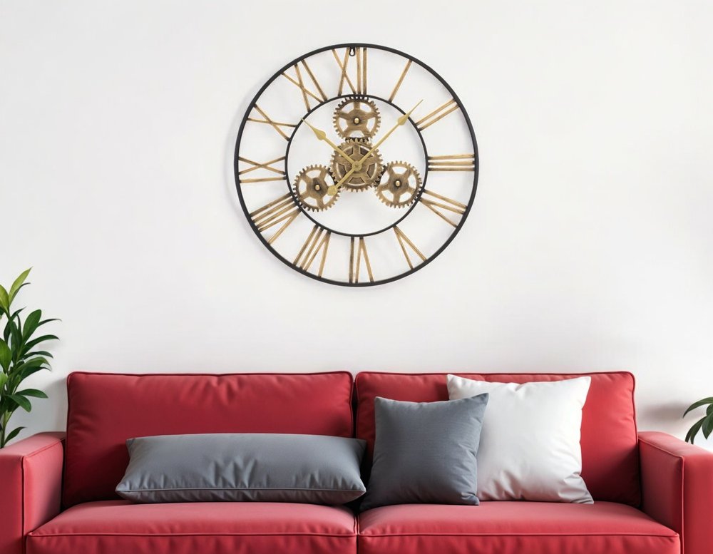 24" Black And Gold Metal Analog Exposed Gear Round Wall Clock